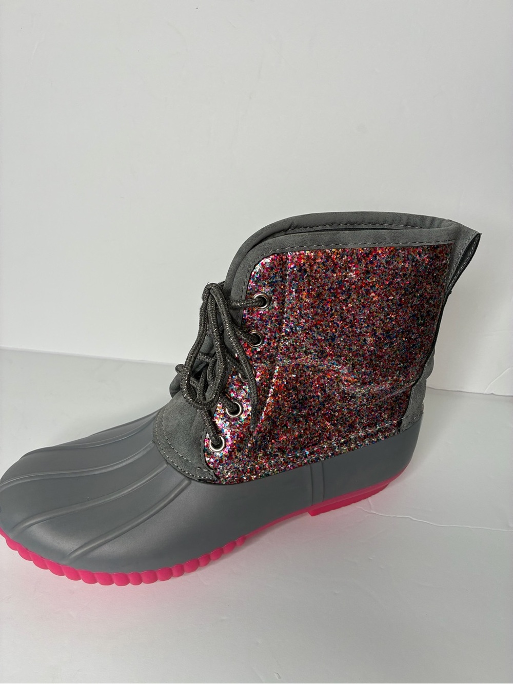 Kids Gray & Pink Glitter Lace-Up Rain Boots